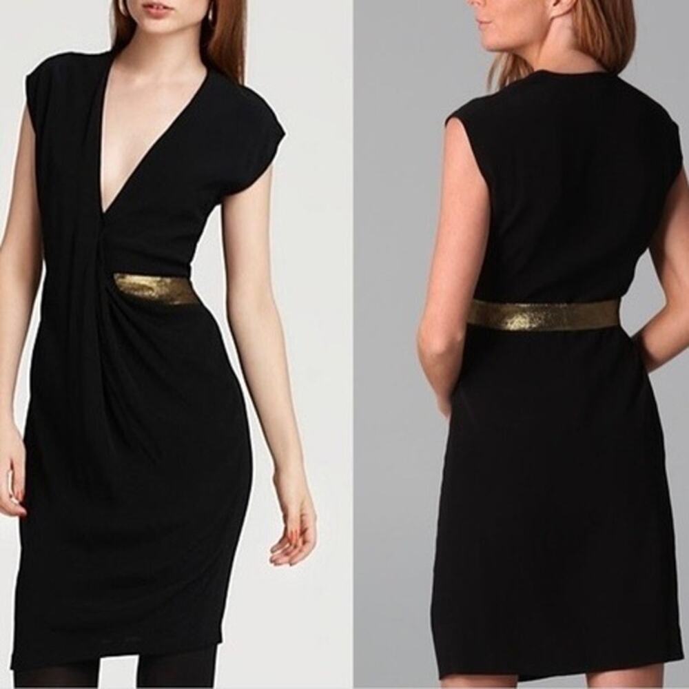 DIANE VON FURTSTENBERG | Evangeline Black Wrap Sheath Dress Gold Waist | 10